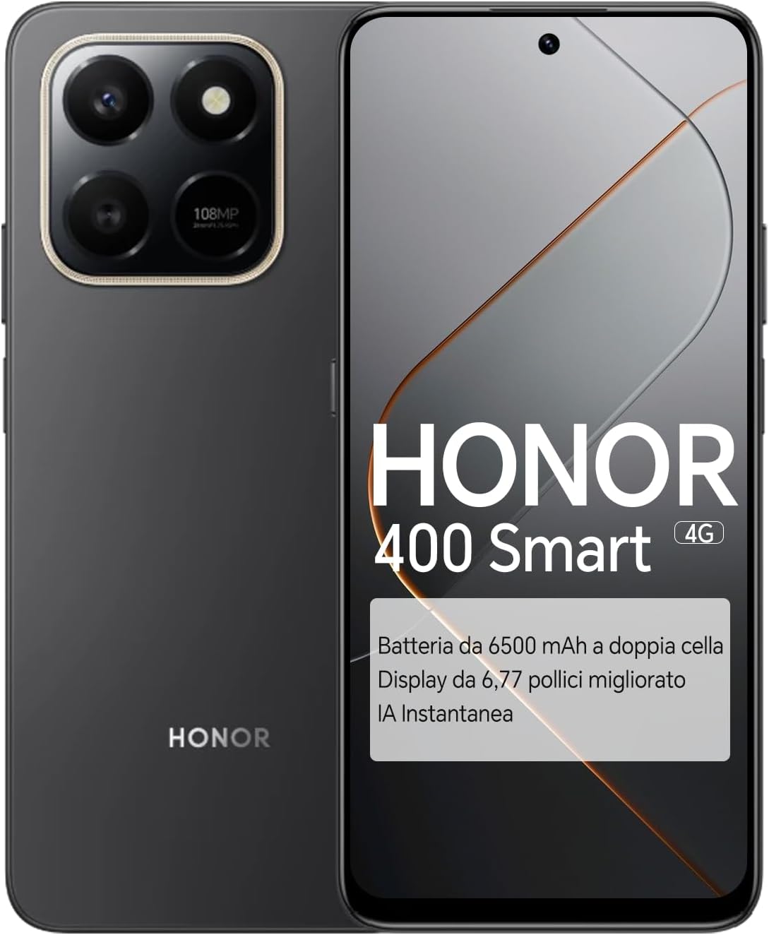 HONOR 400 Smart 4G Smartphone, Display 6,77 pollici 120Hz, 6500mAh, Fotocamera Ultra-Chiara 108MP, Tasto IA Istantaneo, 6GB+128GB, Resistenza Cadute 5 Stelle SGS, Dual SIM, Android 15